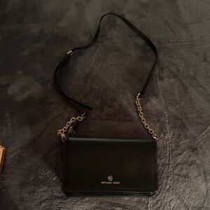 Michael Kors Black Leather Crossbody with Gold Chain Strap